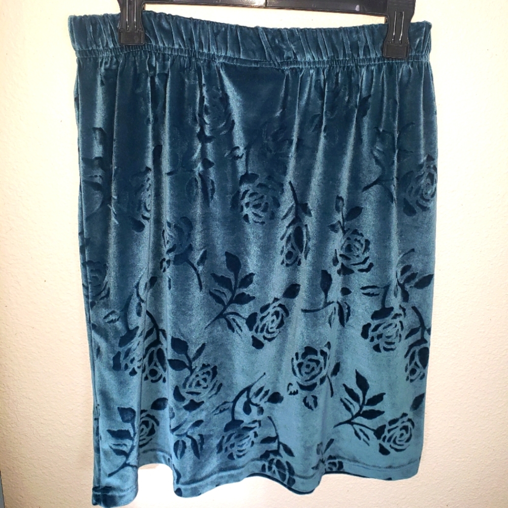 Teal Velvet With Floral Burnout Print Midi Skirt Womens Size 14/16